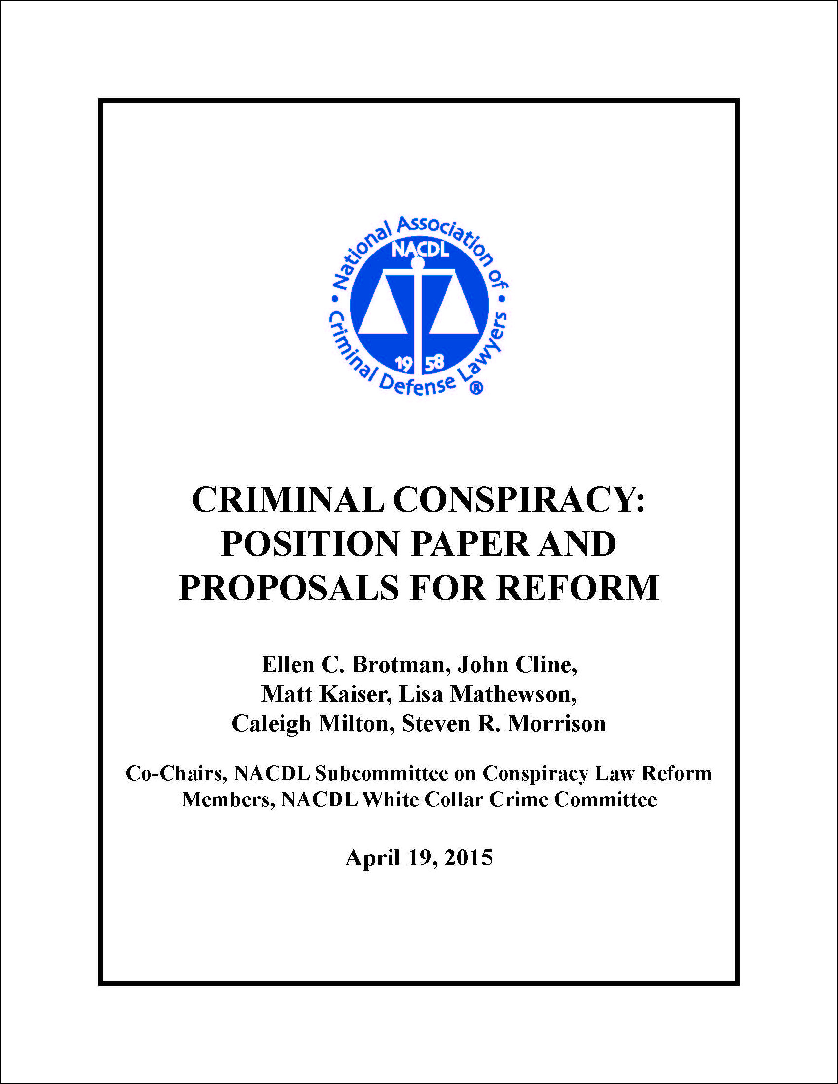 Cover for NACDL report Criminal Conspiracy: Position Paper and Proposals for Reform