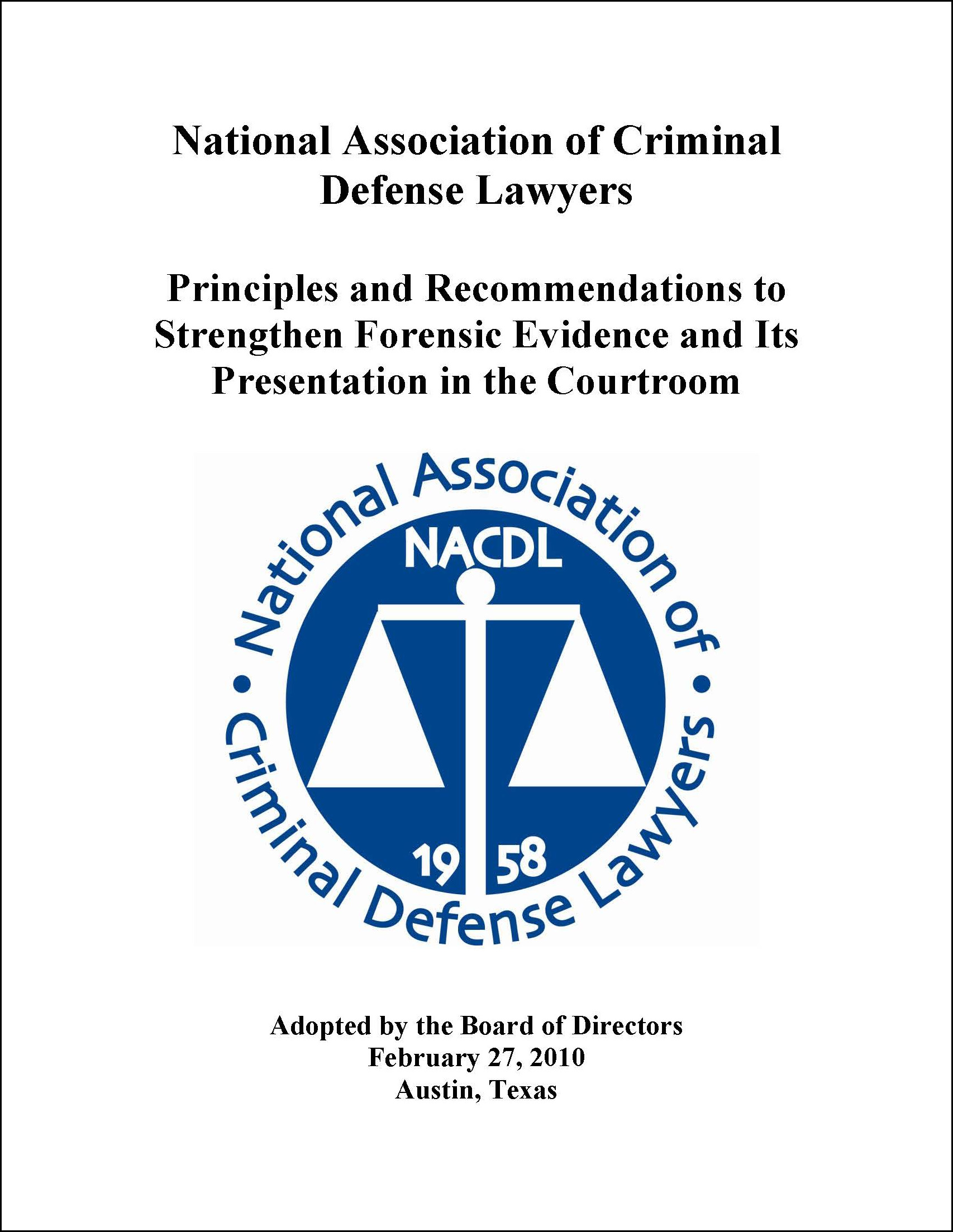 Cover for NACDL report Principles and Recommendations for Strengthening Forensic Science in the Courtroom