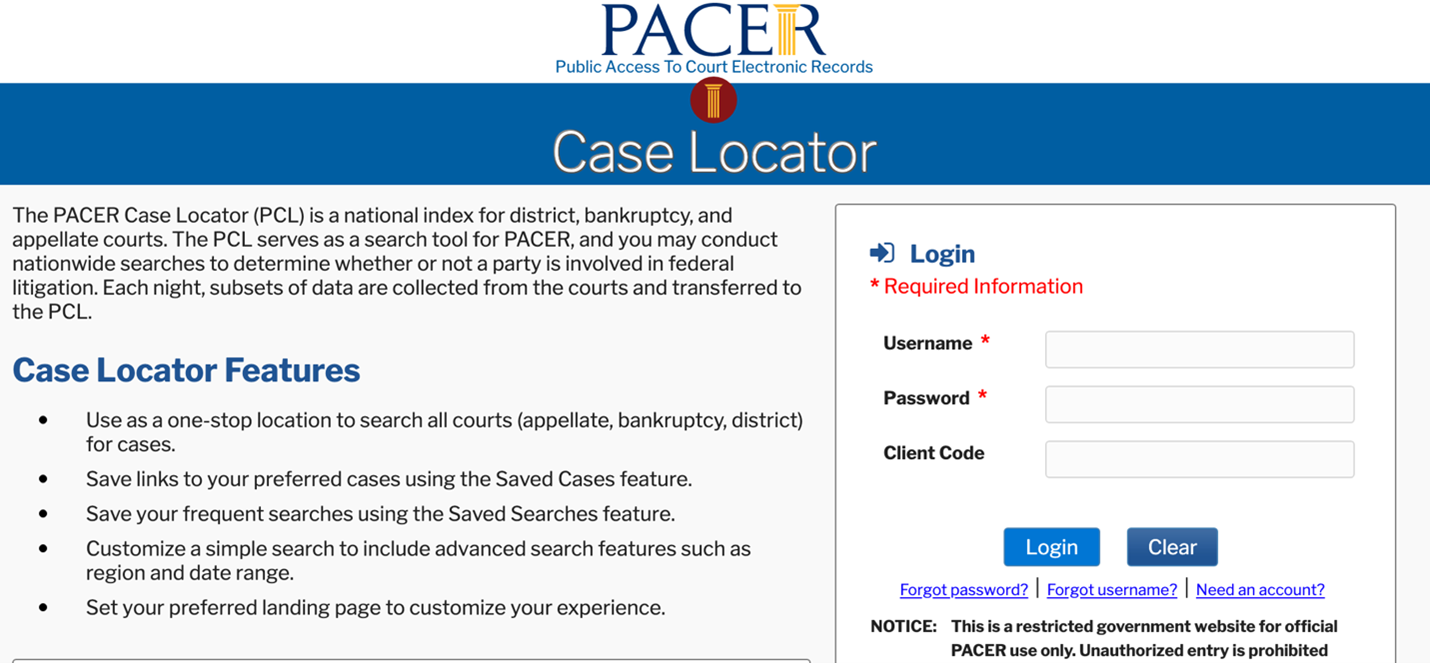 PACER Case Locator