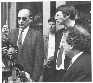 Dr. Hunter S. Thompson with his attorneys Hal Haddon and Gerry Goldstein outside the Pitkin County (CO) Courthouse.