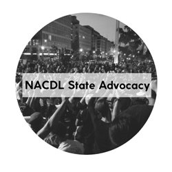 Circular icon with the words "NACDL State Advocacy" written across the center. Black and white image of protesters raising fists in the background.